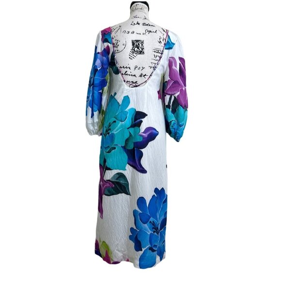 Maeve Anthropologie Women Size 0 Dress Puff Sleeve White Purple Blue Floral NEW - Picture 3 of 10